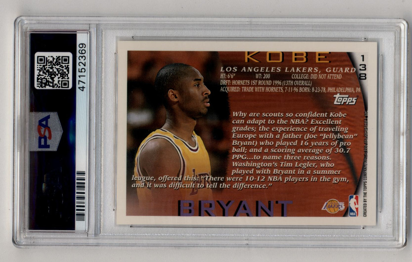 PSA-graded Kobe Bryant 1996-97 Topps Rookie #138 Gem Mint basketball trading card