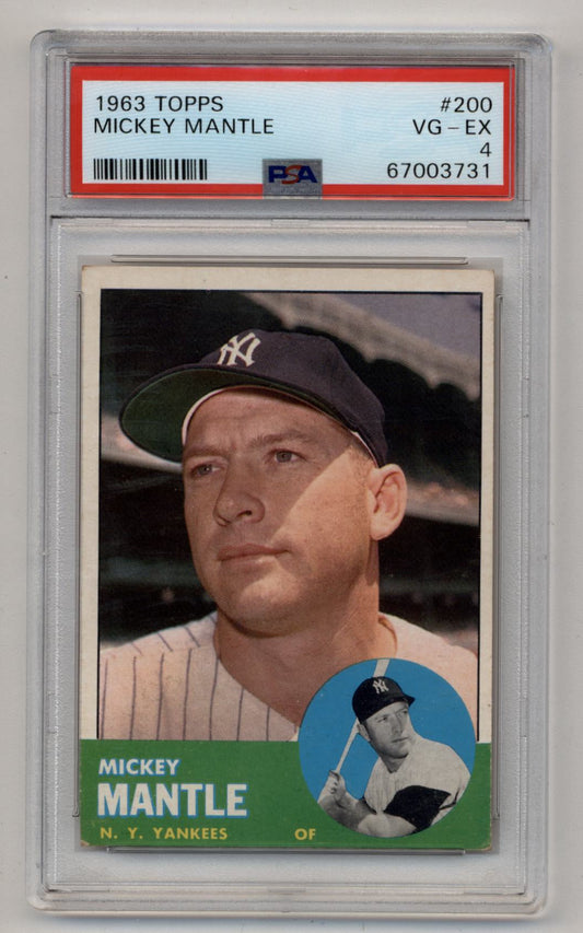 PSA-graded Mickey Mantle 1963 Topps baseball card in protective case for collectors