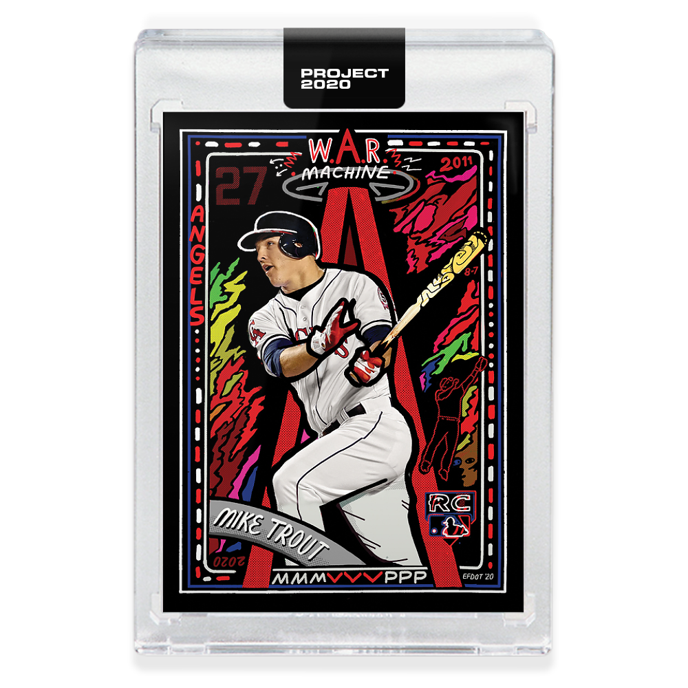 Topps PROJECT 2020 Card #227 featuring Efdot Angels illustration of Mike Trout swinging bat