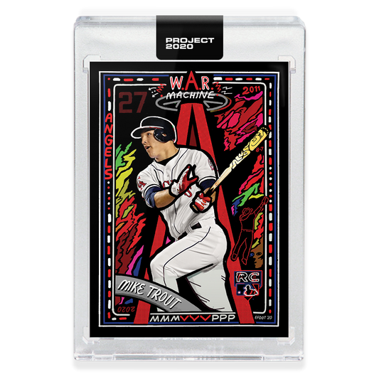 Topps PROJECT 2020 Card #227 featuring Efdot Angels illustration of Mike Trout swinging bat