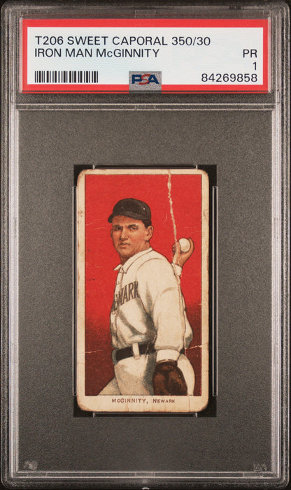 Iron Man McGinnity T206 Sweet Caporal baseball card with a Cleveland uniform