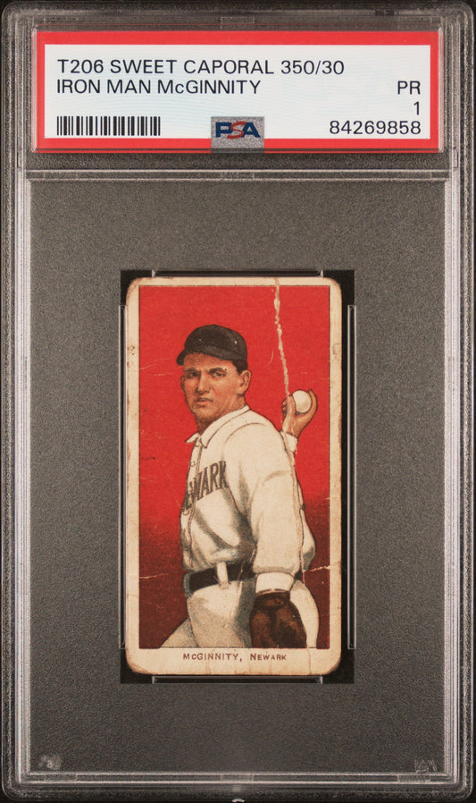 Iron Man McGinnity T206 Sweet Caporal baseball card with a Cleveland uniform