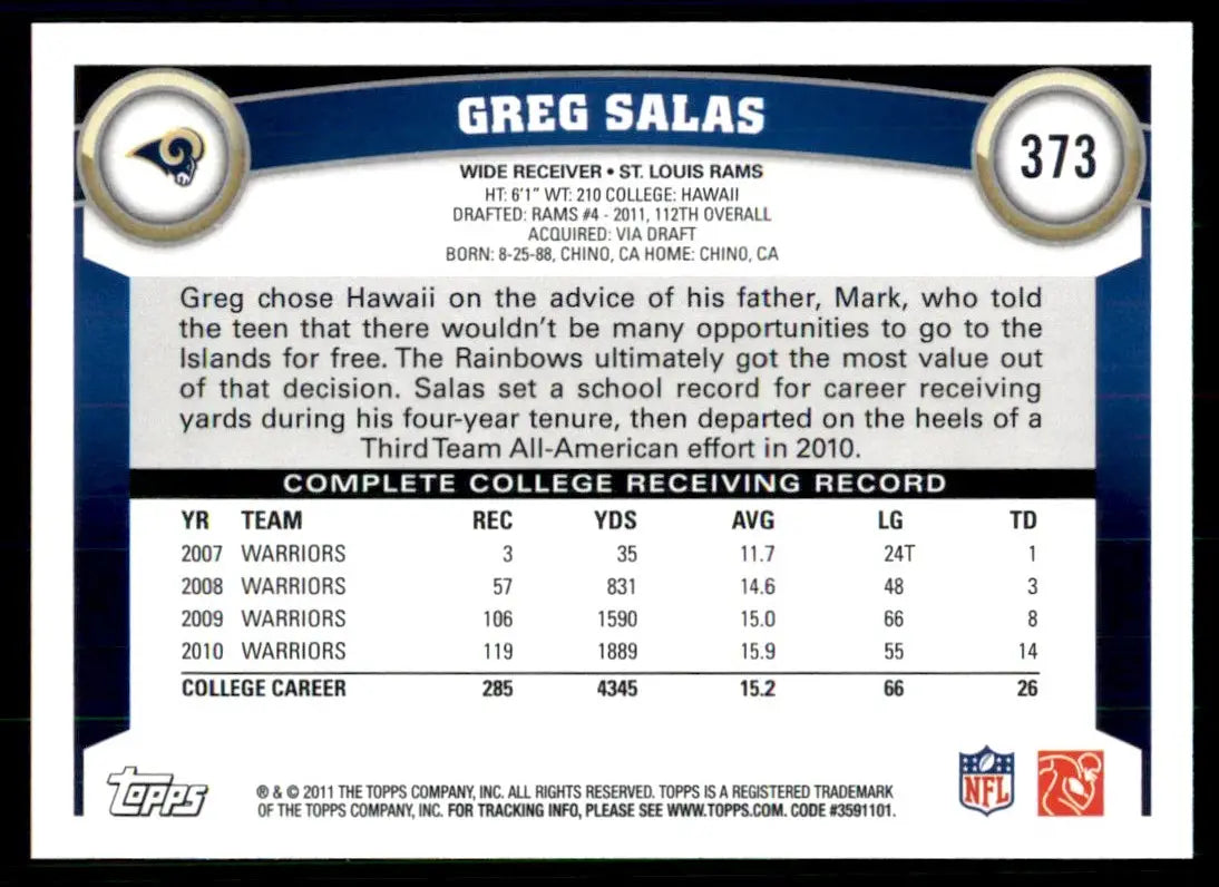 2011 Topps Greg Salas Rookie St. Louis Rams #373