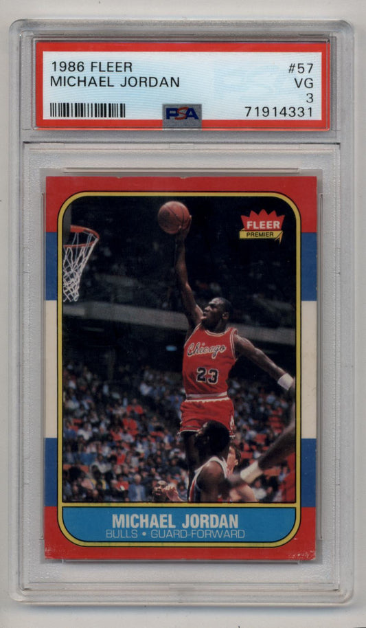 PSA-graded Michael Jordan 1986-87 Fleer Rookie #57 trading card in red Bulls uniform