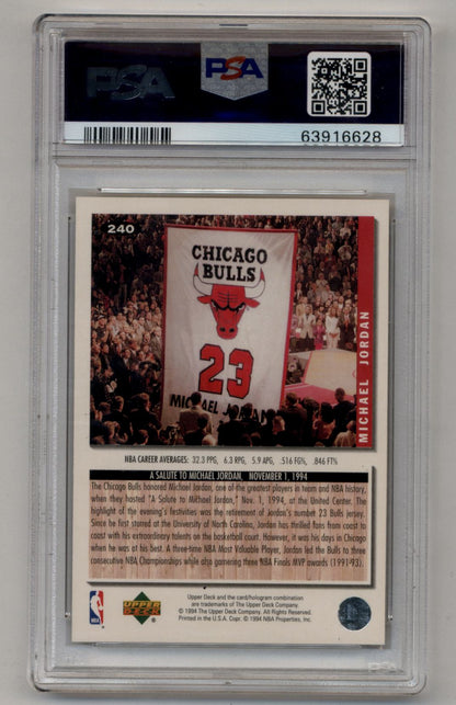 PSA-graded Michael Jordan 1994-95 Gold Signature card and Bulls #23 jersey banner