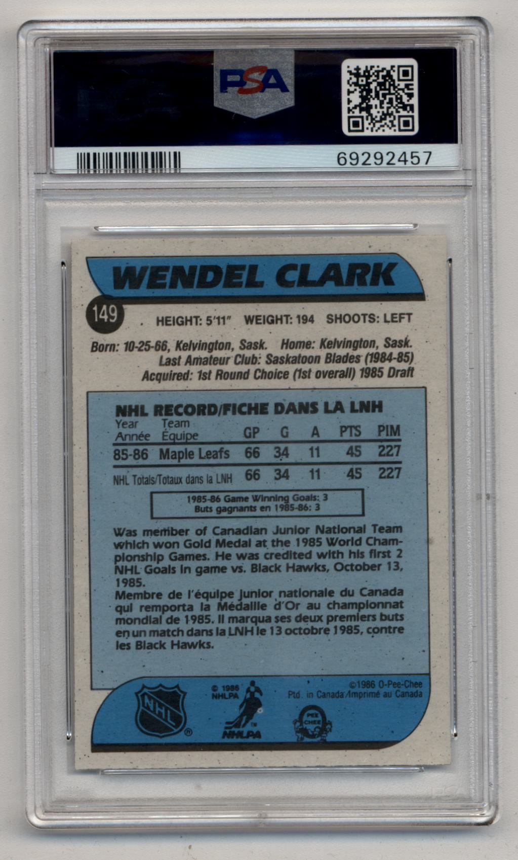 PSA-graded back view of Wendel Clark 1986-87 O-Pee-Chee trading card statistics