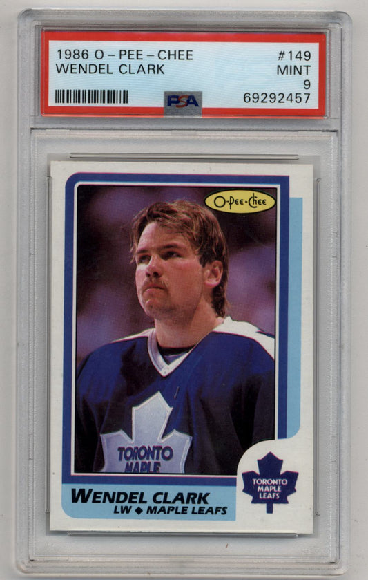 PSA-graded 1986 O-Pee-Chee Wendel Clark trading card in protective case for collectors