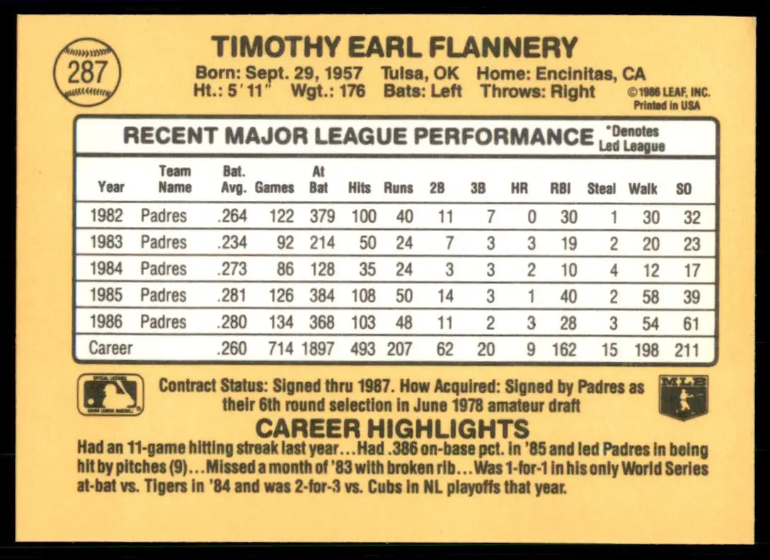 1987 Donruss Tim Flannery San Diego Padres #287