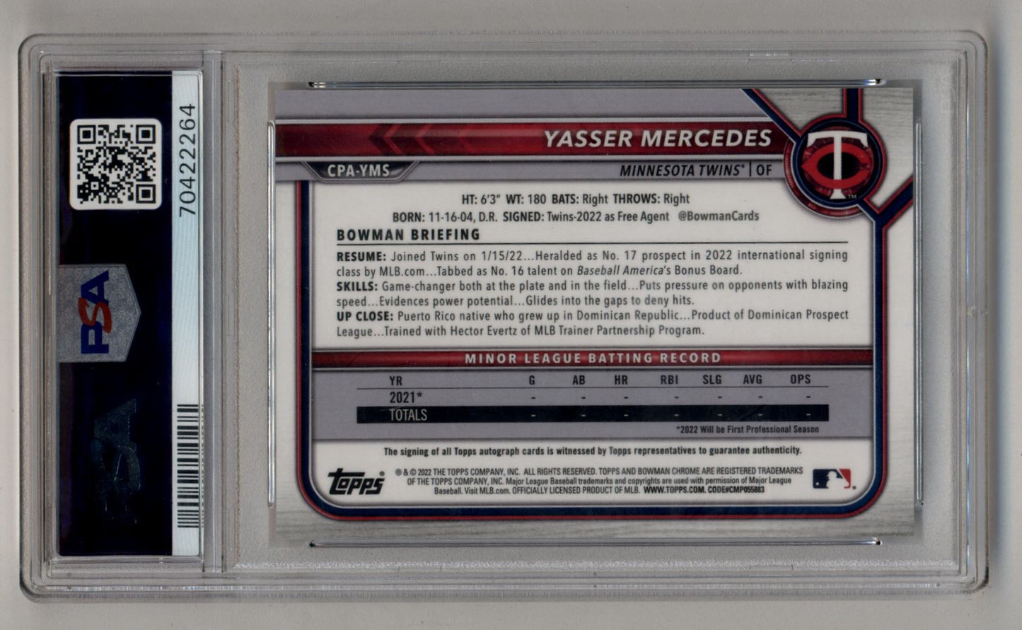 Yasser Mercedes 2022 Bowman Chrome Prospect Auto PSA 10 Gem Mint Auto 10 2264