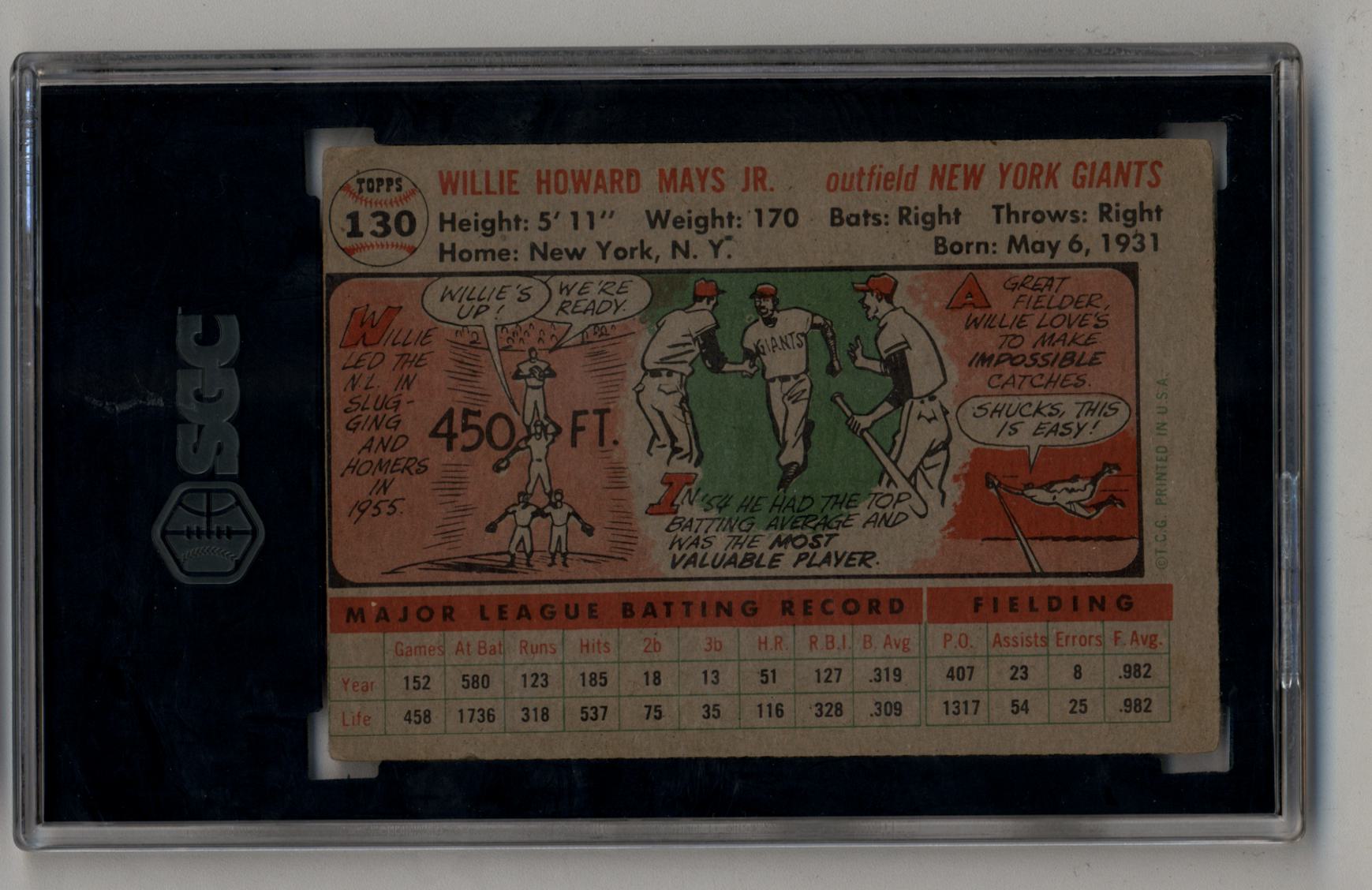 Willie Mays 1956 Topps #130 Gray Back baseball card in protective case showcasing player stats