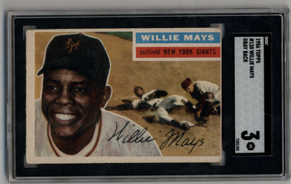 Vintage 1956 Topps Baseball Card of Willie Mays in Protective Holder for Trading Cards