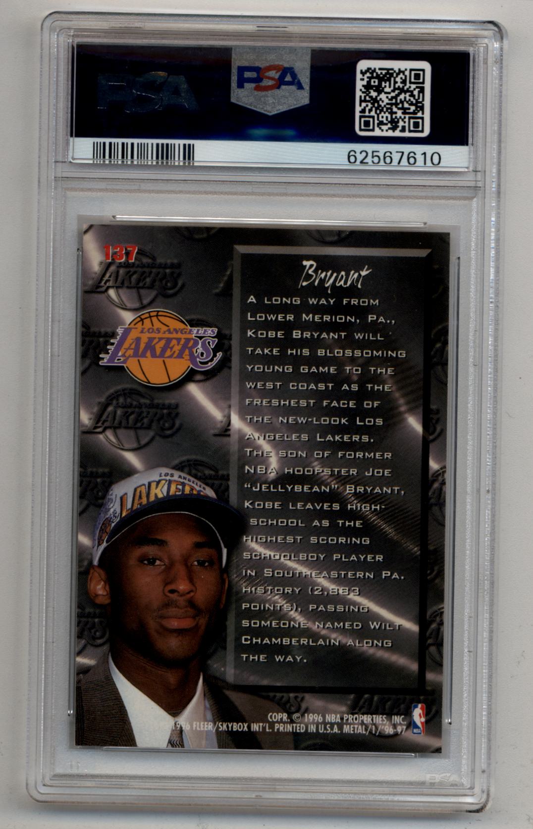 Kobe Bryant 1996-97 Fleer Metal #137 PSA 10 Gem Mint basketball trading card in case