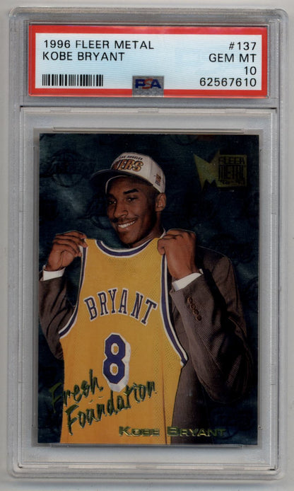 PSA-graded Kobe Bryant 1996 Fleer Metal rookie card in protective case Gem Mint