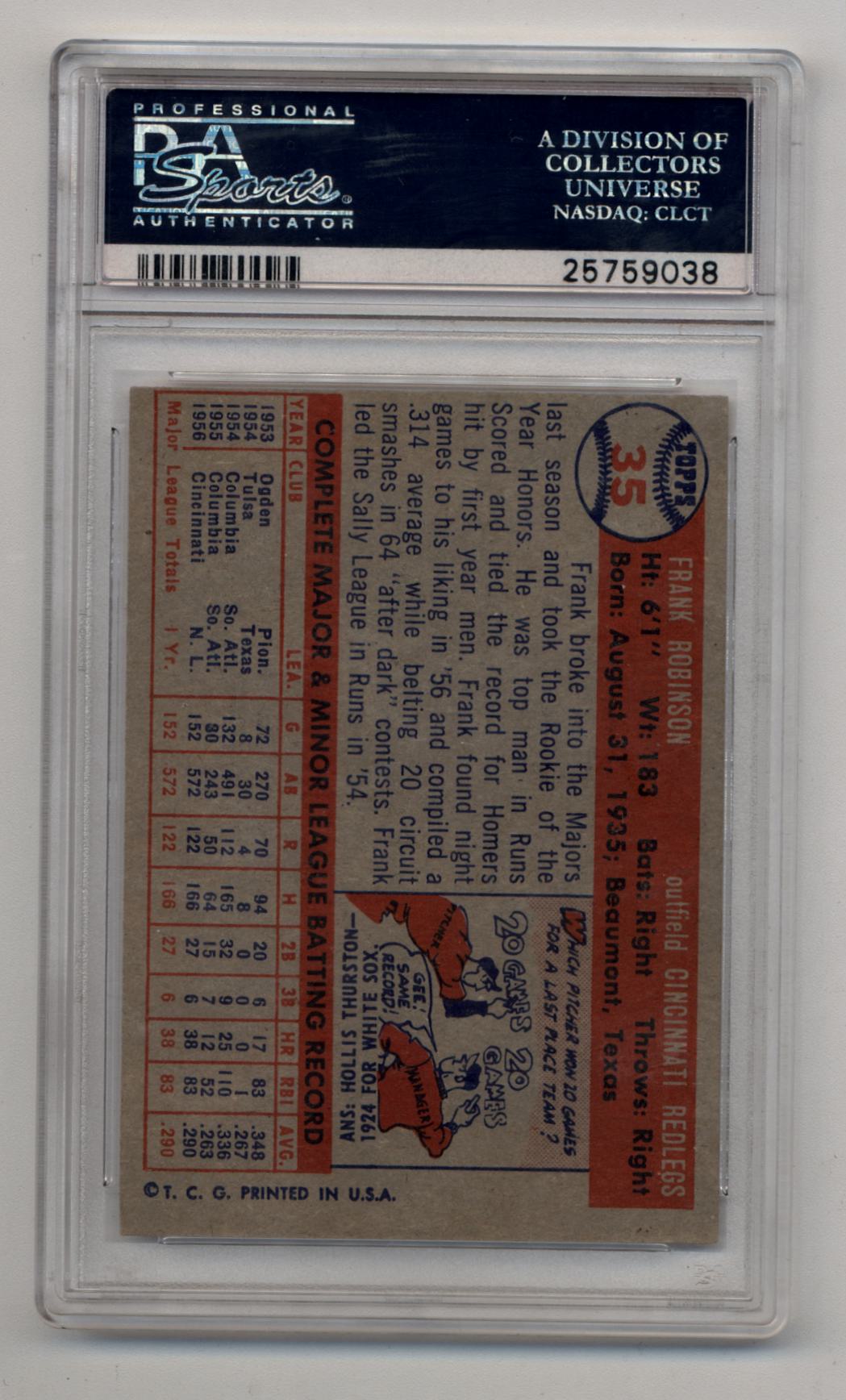 Frank Robinson 1957 Topps Rookie card encased in PSA grading holder for trading cards