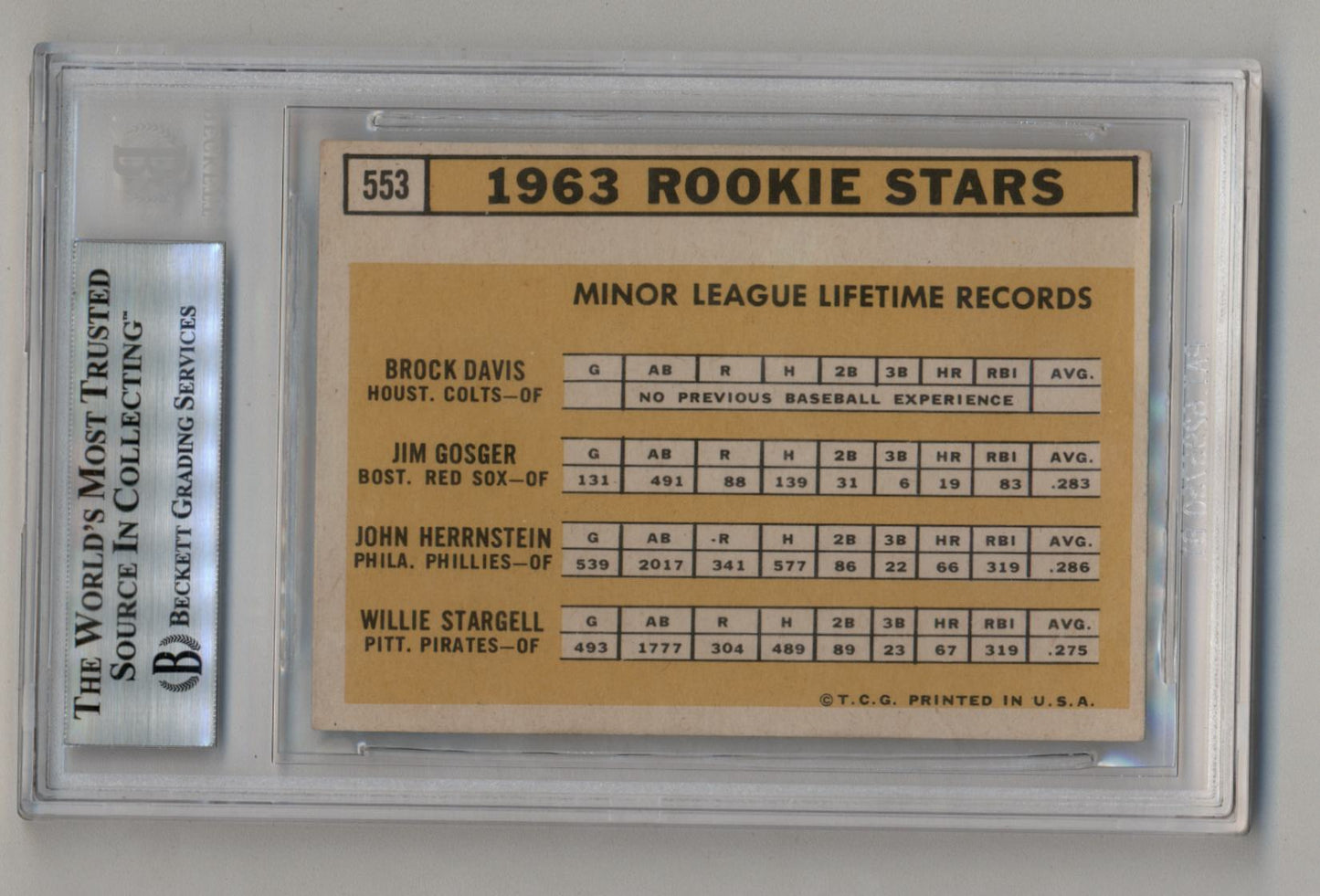 1963 Rookie Stars baseball card of Willie Stargell in BGS Authentic Altered holder