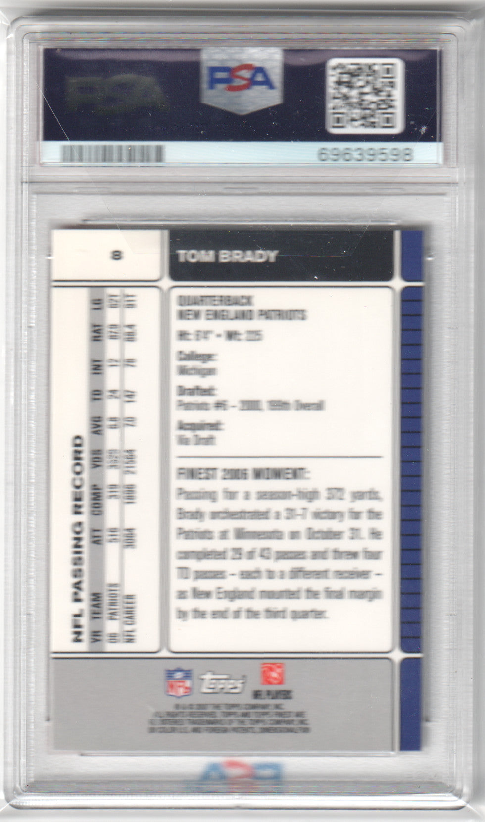 TOM BRADY 2007 Topps Finest #8 PSA 9 MINT - PATRIOTS