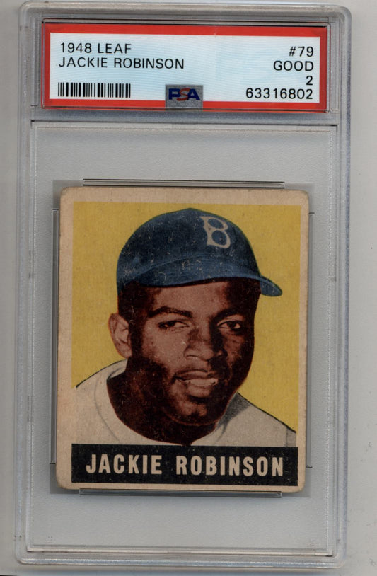 Jackie Robinson 1948 Leaf #79 Rookie PSA 2 Good trading card of Brooklyn Dodgers player