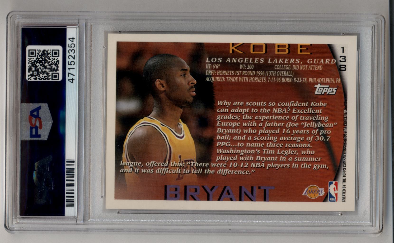 Kobe Bryant 1996-97 Topps Rookie #138 in a protective case, graded Gem Mint 10