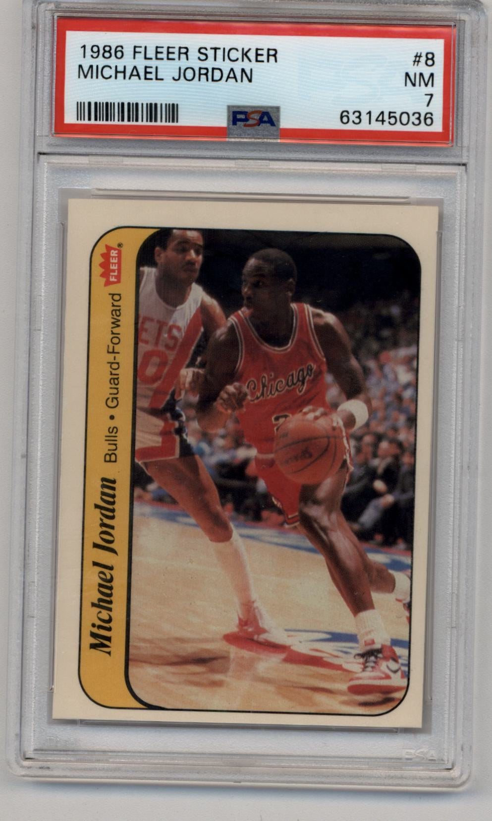 PSA-graded Michael Jordan 1986-87 Fleer Sticker trading card in protective case