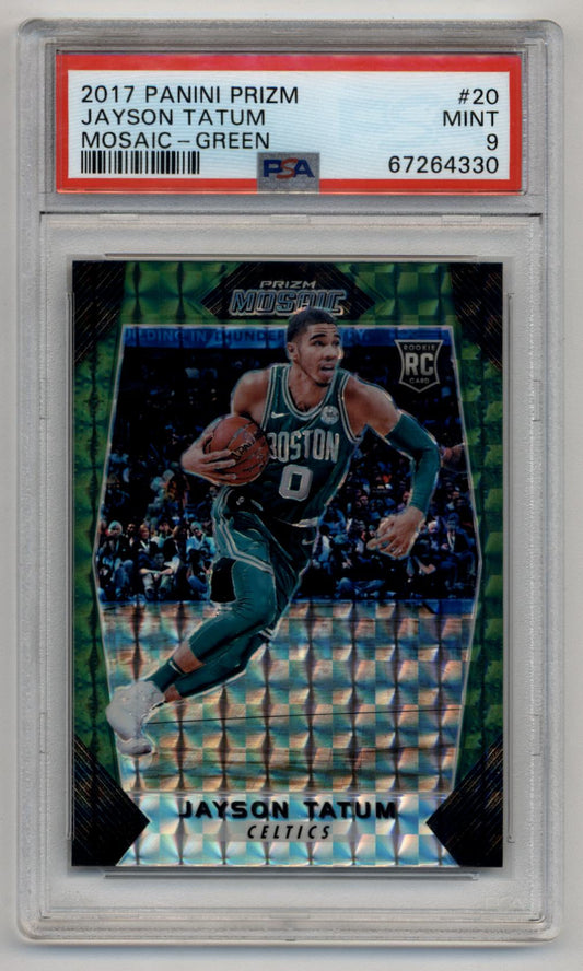 PSA-graded Jayson Tatum 2017-18 Prizm Mosaic Green basketball card in action