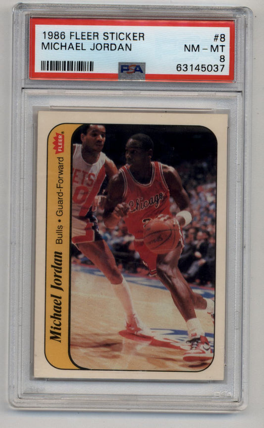 Michael Jordan 1986-87 Fleer Sticker #8 PSA 8 in protective case for trading cards