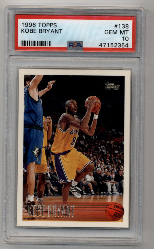 PSA-graded Kobe Bryant 1996-97 Topps Rookie #138 card in protective case, Gem Mint