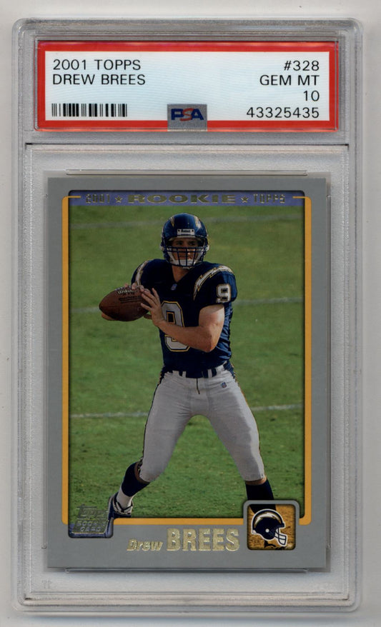 PSA-graded Drew Brees 2001 Topps Rookie card in Gem Mint condition within a protective case