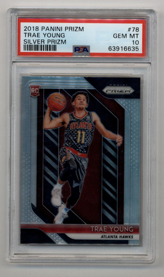 PSA-graded Trae Young 2018-19 Prizm Silver #78 Gem Mint basketball card in action