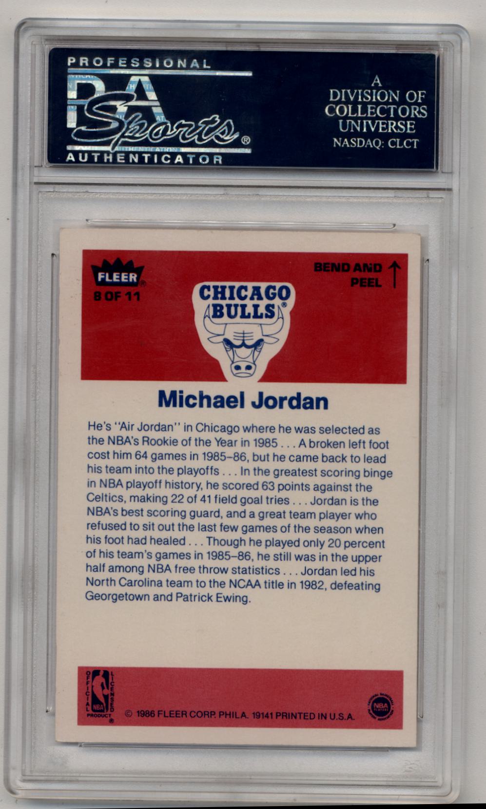 PSA-graded Michael Jordan 1986-87 Fleer Sticker #8 trading card with Bulls logo