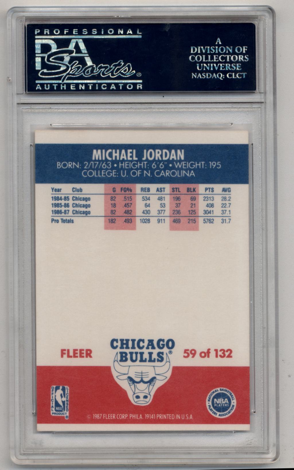 PSA-graded Michael Jordan 1987-88 Fleer #59 basketball card with Chicago Bulls logo