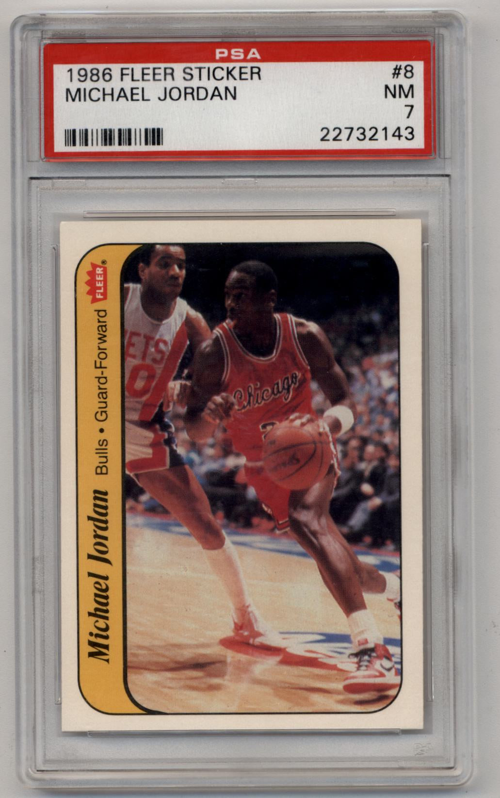 PSA-graded Fleer sticker card of Michael Jordan in Chicago Bulls uniform dribbling ball