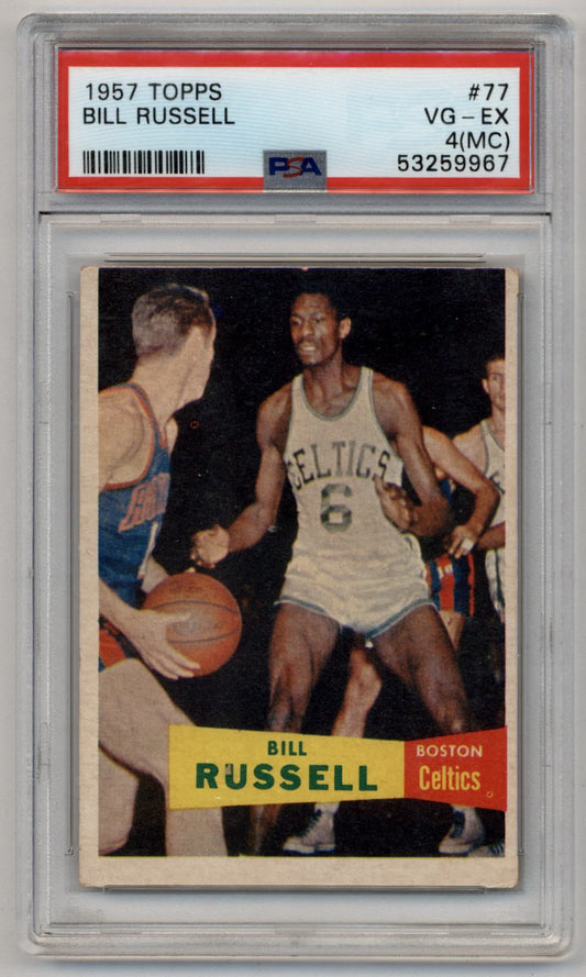 PSA-graded 1957 Topps Bill Russell basketball trading card with jersey number 6