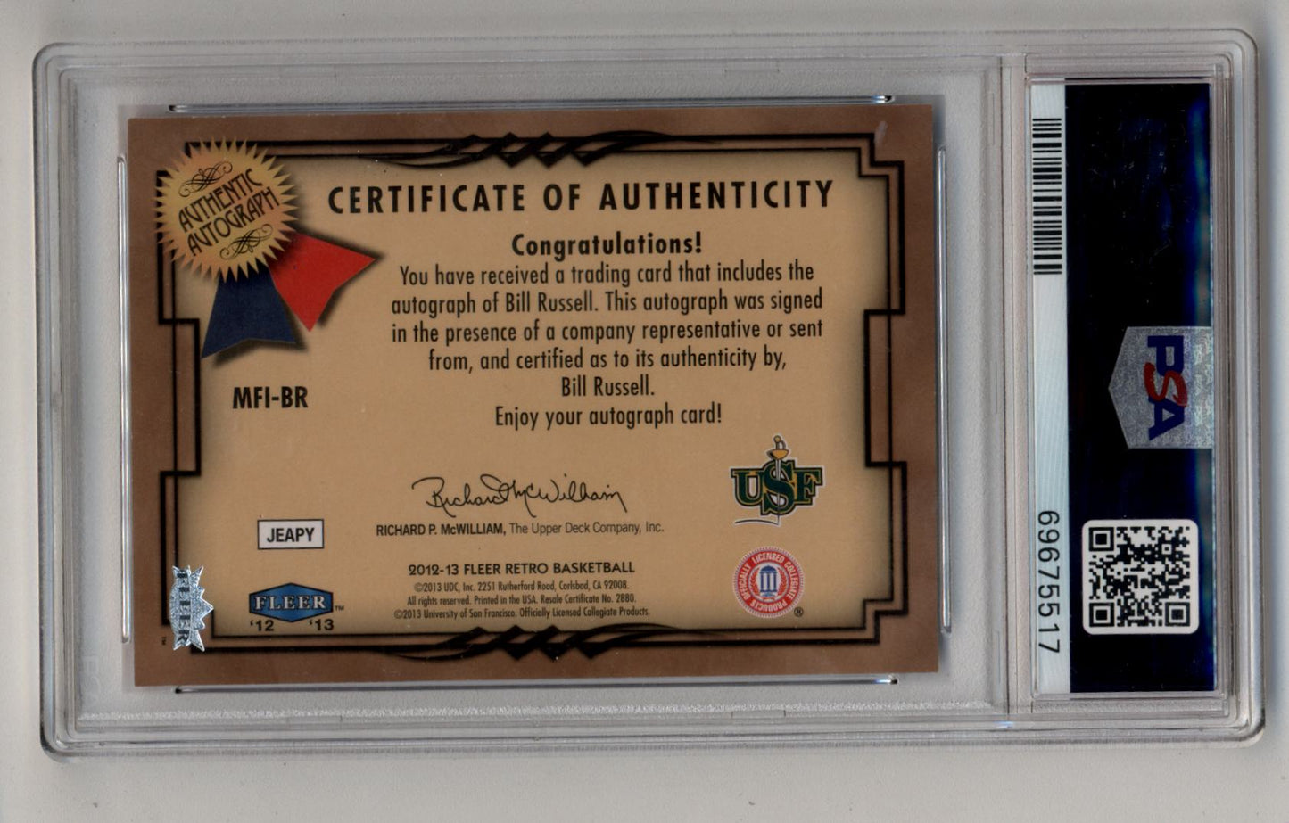 Certificate of authenticity for Bill Russell Fleer Retro Mystique Fresh Ink Auto PSA 10