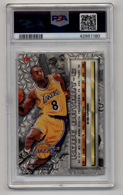 Kobe Bryant 1996-97 Fleer Metal #181 PSA 10 Gem Mint basketball card on diamond background