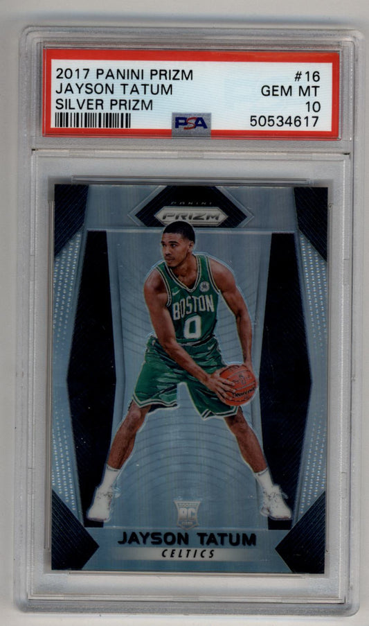 PSA 10 Gem Mint Jayson Tatum 2017 Panini Prizm Silver rookie card in protective case