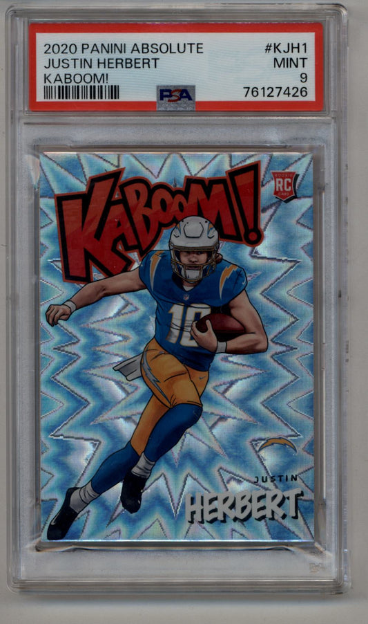 PSA graded 2020 Panini Absolute Justin Herbert KJH1 Kaboom trading card in a case