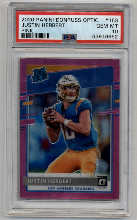 Justin Herbert 2020 Donruss Optic Pink PSA 10 Gem Mint Rookie Card #153 for sale