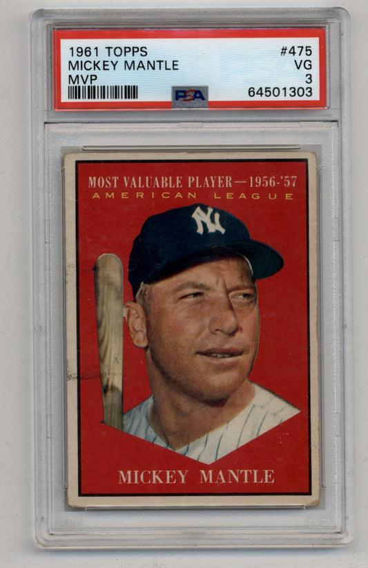 PSA-graded 1961 Topps Mickey Mantle MVP card in red border design for trading cards