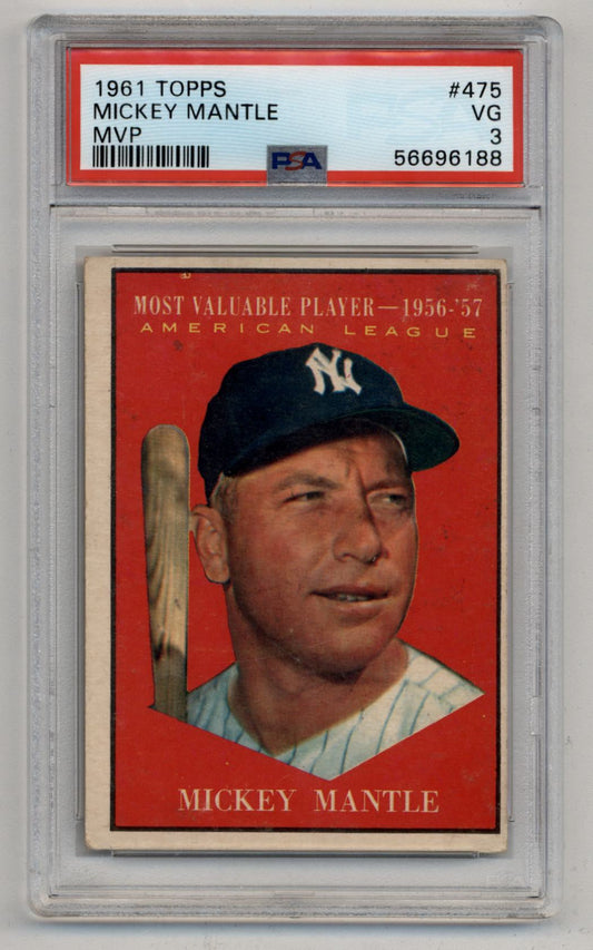 Mickey Mantle 1961 Topps MVP #475 trading card in PSA graded case for collectors