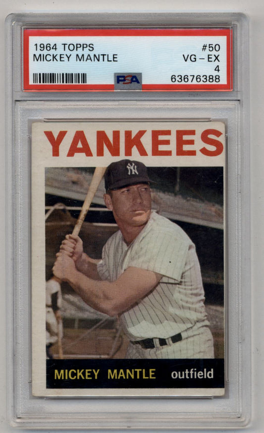 PSA-graded Mickey Mantle 1964 Topps #50 baseball card in batting stance with pinstripes