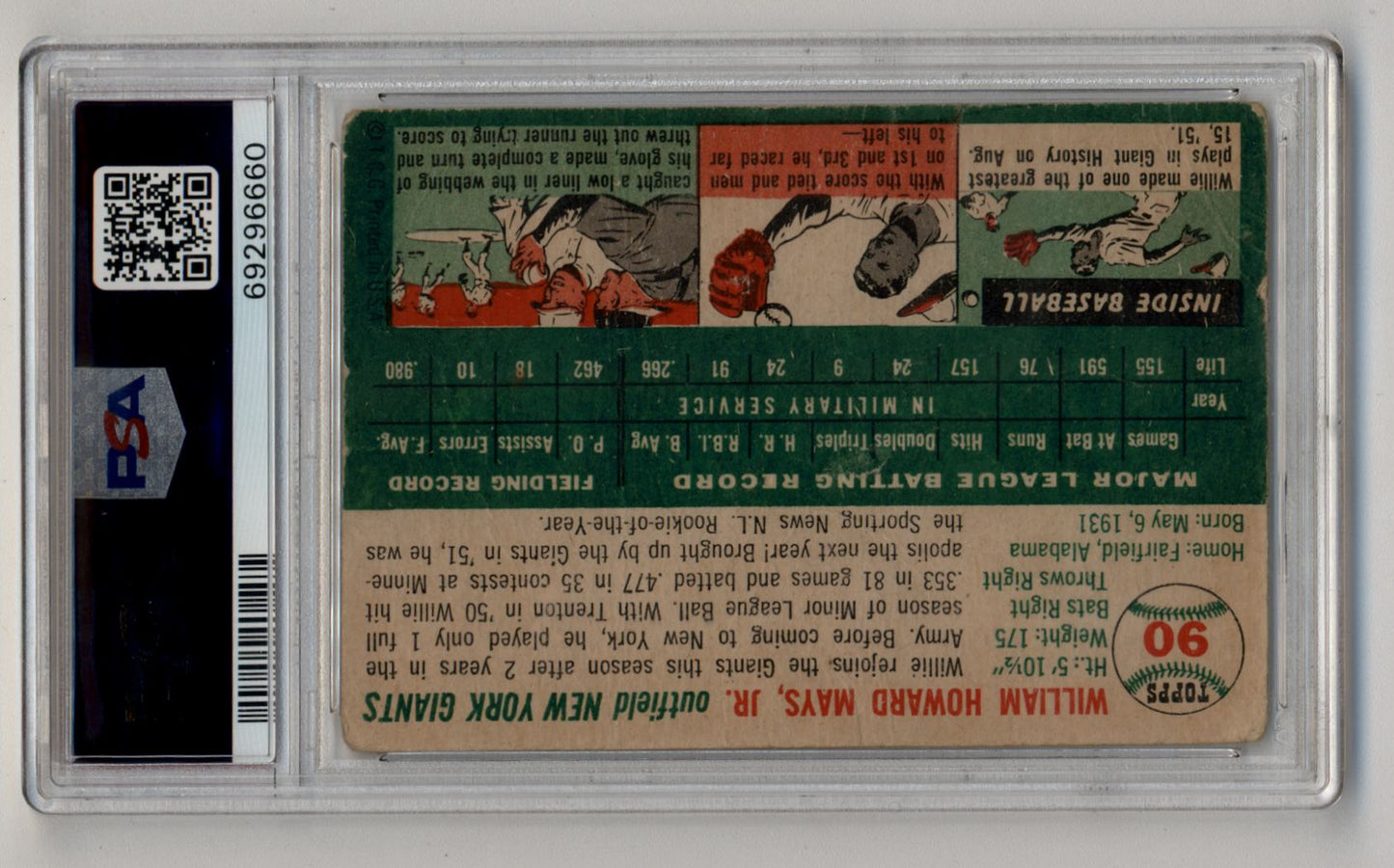 Willie Mays 1954 Topps #90 trading card in a protective clear plastic case