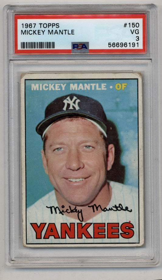 PSA-graded 1967 Topps Mickey Mantle baseball card in protective case for trading cards