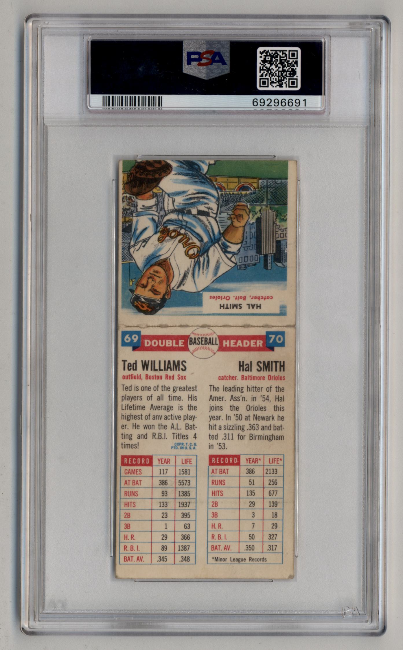 PSA-graded 1955 Topps Doublehead card featuring Ted Williams Hal Smith player stats and action