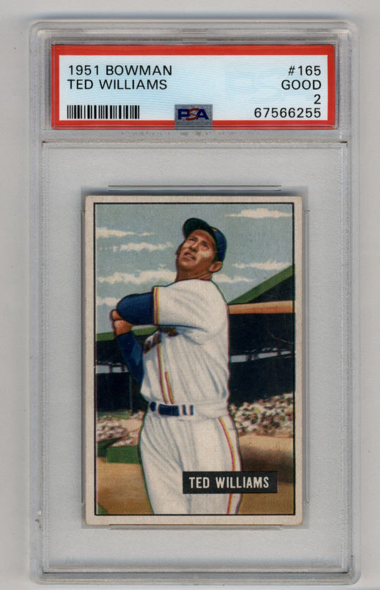 Ted Williams 1951 Bowman #165 trading card in protective case, graded PSA 2 Good