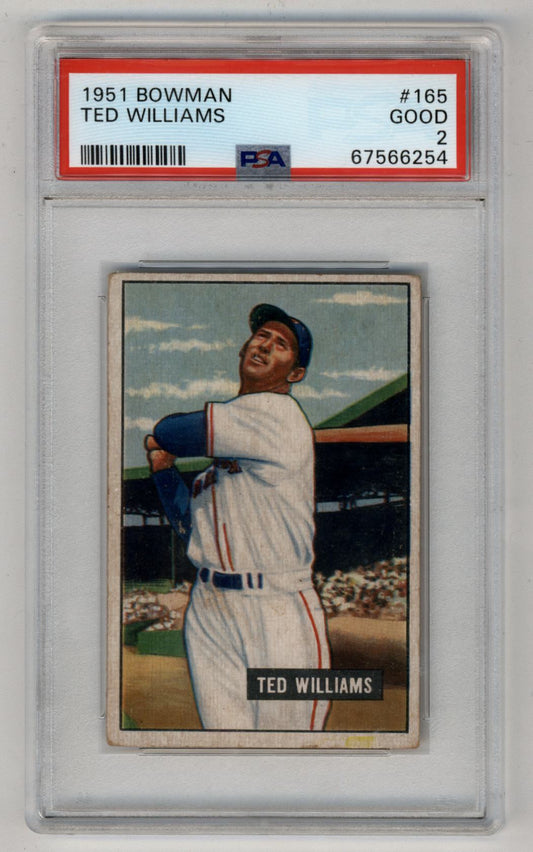 PSA-graded Ted Williams 1951 Bowman baseball card in protective case, trading cards