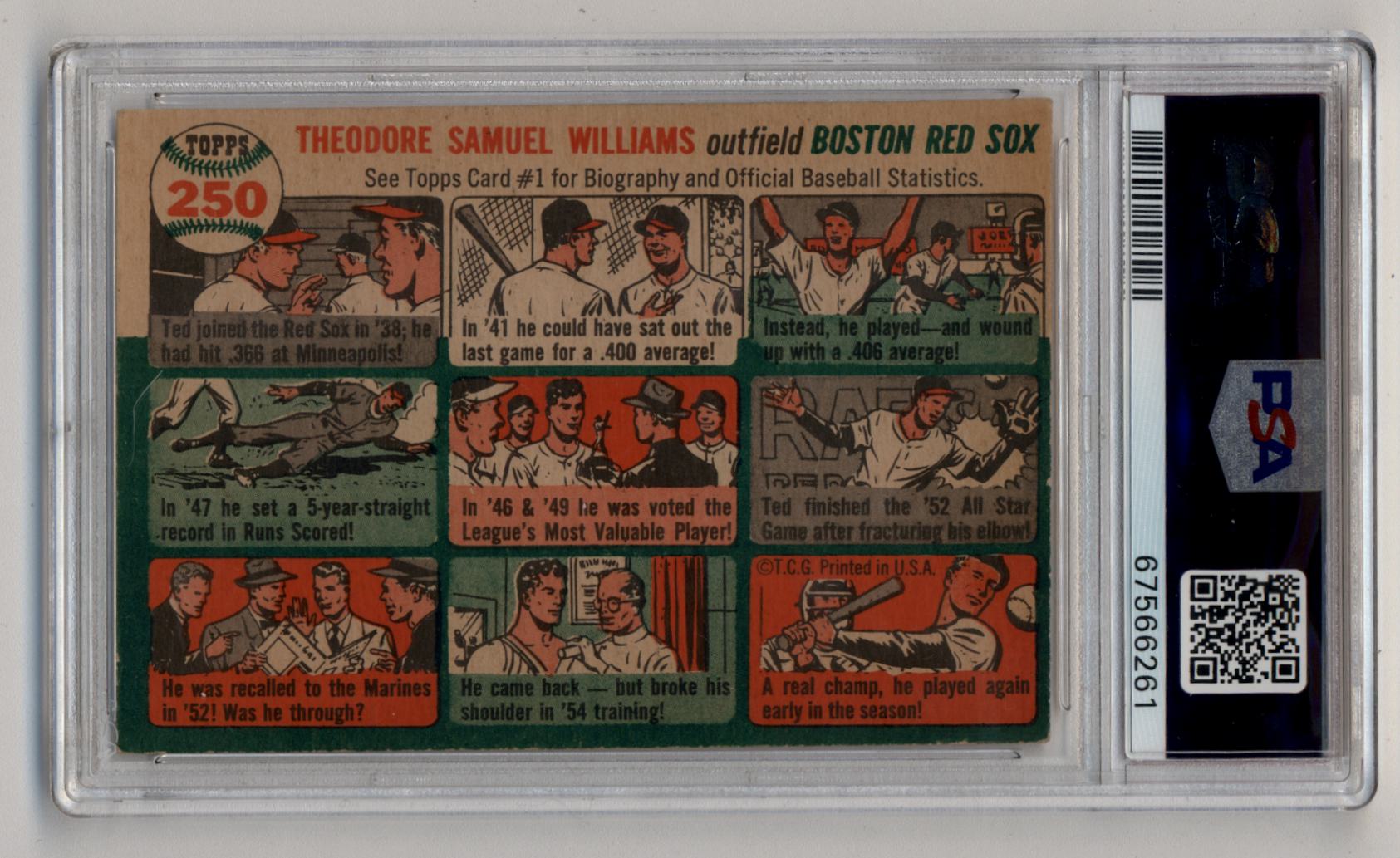 Vintage 1956 Topps Ted Williams baseball card featuring cartoon illustrations of his career moments