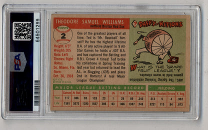 Ted Williams 1955 Topps #2 baseball card featuring player stats and bicycle illustration