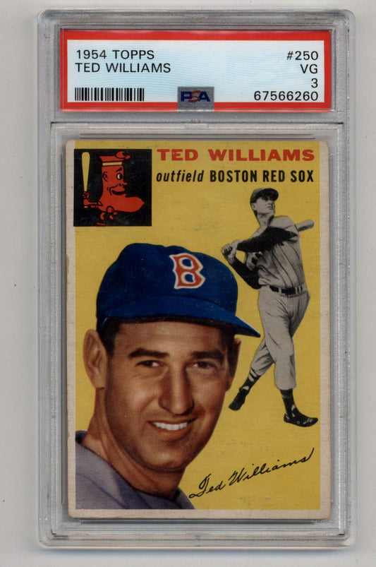 PSA-graded 1954 Topps Baseball Card of Ted Williams in protective case for collectors