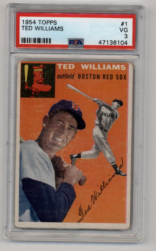 PSA-graded 1954 Topps Ted Williams baseball card in protective case for collectors