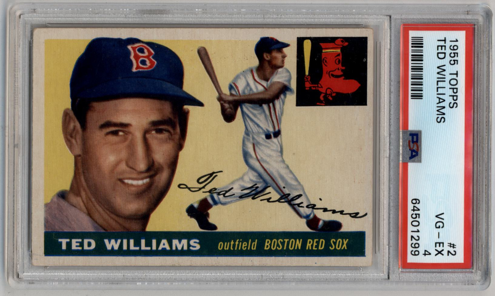 Vintage 1955 Topps baseball card of Ted Williams in protective holder for trading cards